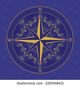 Vector banner with decorative wind rose, old nautical compass. Illustration on the theme of travel and discovery. Blue waves background