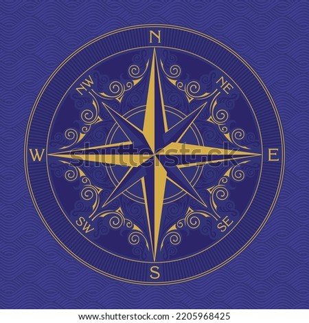 Vector banner with decorative wind rose, old nautical compass. Illustration on the theme of travel and discovery. Blue waves background