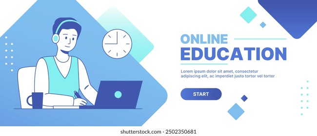 Vector banner dedicated to online education, depicting a student sitting at a table with headphones and working with a laptop. The banner symbolizes the accessible experience of online learning.