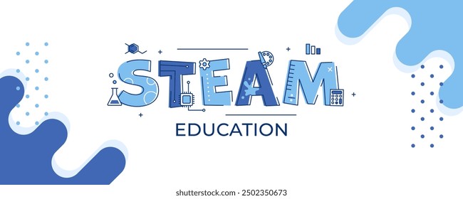 Vector banner dedicated to school education depicts the word STEAM, and each letter of this word refers to a specific subject. Banner Back to School. Icons of different school subjects