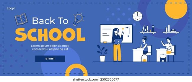 El Anuncio del Vector dedicado a la educación escolar muestra a una maestra de pie en la pizarra con una computadora portátil en las manos, explicando el tema de la lección a los escolares. Anuncio educativo Volver a la escuela