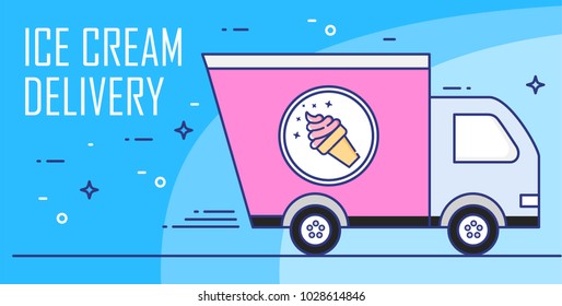 Vector banner for delivery of ice cream. Thin line flat design card. 