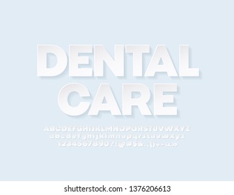 Vector Banner Dental Care With Modern Font. White Alphabet For Business Design. Set Of Letters, Numbers And Symbols