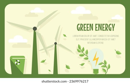 Vector banner depicting green energy sources. Environmental protection concept, renewable energy. Background image for poster, cover.