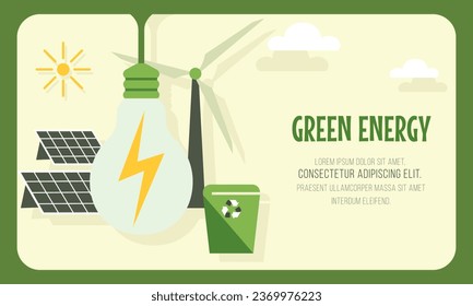 Vector banner depicting green energy sources. Environmental protection concept, renewable energy. Background image for poster, cover.