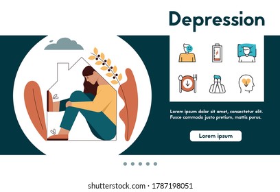 Vector Banner Of Depression Concept. Sad Woman Sitting Alone At Home Line Silhouette. Color Linear Icon Set - Mental Illness, Low Battery Charge, Insomnia, No Appetite, Crying, Negative Emotions
