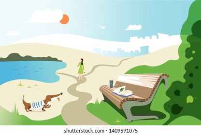 Vector banner design about summer relax. Illustration of a girl walking with a dog, a bench with a book and a glass in park,  lake, sand, grass, tree, leaves on background of clouds and a cityscape.  