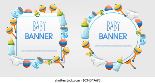 Vector banner design with baby care items.Round and square banner.Toddler accesories isolated on white background.Vector illustration