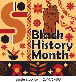 Diseño de pancartas vectoriales que celebran el mes de la historia negra en febrero de cada año con patrones africanos y formas geométricas. Diseño de fondo que celebra el mes de la historia negra cada mes de febrero.
