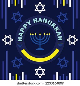 Vector banner design celebrating Jewish festival called Hanukka. poster consist of the Star of David and a Hanukkah menorah, or hanukkiah a Jewish candle holder with nine candles. blue yellow colors.