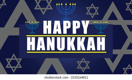 Vector banner design celebrating Jewish festival called Hanukka. poster consist of the Star of David and a Hanukkah menorah, or hanukkiah a Jewish candle holder with nine candles. blue yellow colors.