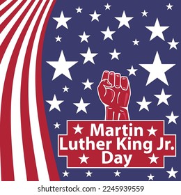Vector banner design celebrating Martin Luther King Jr. day in January every year . Banner designs consist of american flag theme style with stripes, stars as well as blue, red and white color theme.