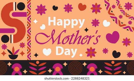 Vector banner design celebrating Mother's day may 14 with geometric shapes, heart shapes, typography and purple peach colors. happy mothers day 2023 modern simple background design. 