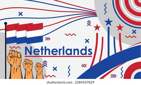 Vector banner design celebrating Netherlands national day with typography, geometric shapes, flag and fist pump icon. modern retro style background for Netherlands country.