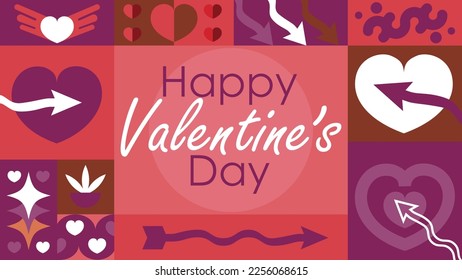 Diseño de pancartas vectoriales que celebran el día de San Valentín el 14 de febrero con colores vibrantes y formas geométricas como formas de corazón. Feliz diseño de fondo del día de San Valentín. 