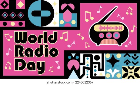 Diseño de pancartas vectoriales que celebran el Día Mundial de la Radio, que se celebra cada año en el mes de febrero. fondo del día mundial de la radio con notas musicales con pallet de color rosa y azul.