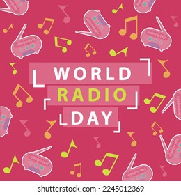 Vector banner design celebrating world radio day holiday which is celebrated every year in the month of February. world radio day background with musical notes and radio pattern with pink color pallet