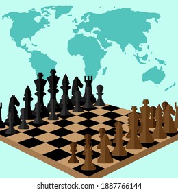 Vector banner design with a chessboard and figures on a world map background. Flat style