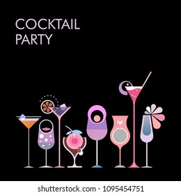 Vector banner design with different cocktail glasses isolated on a black background. 