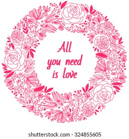 Vector banner design with flowers and place for text. Wreath of leaves hand drawn  on white background.Ornamental round pattern.Suitable for ads, signboards, menu and web banner designs