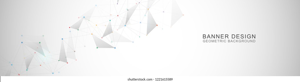 Vector banner design. Geometric abstract background with connected dots and lines. Molecular structure and communication. Digital technology background and network connection