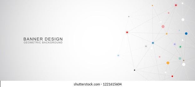 Vector banner design. Geometric abstract background with connected dots and lines. Molecular structure and communication. Digital technology background and network connection