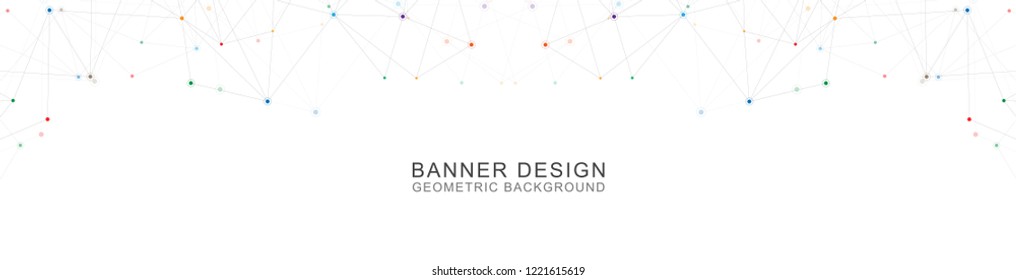 Vector banner design. Geometric abstract background with connected dots and lines. Molecular structure and communication. Digital technology background and network connection