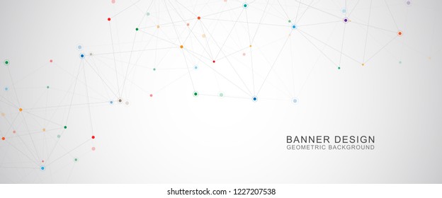 Vector banner design. Geometric abstract background with connected dots and lines. Molecular structure and communication. Digital technology background and network connection