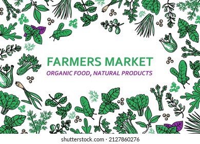 Vector banner design with hand-drawn spices and herbs. Flyer template for the farmers market. Decorative background with a sketch of aromatic plants.  Food ingredients.