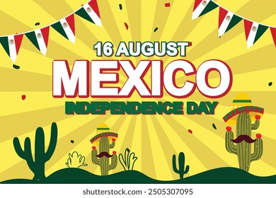 Vector Banner design for the independence day of Mexico  with flag decoration and cactus plants