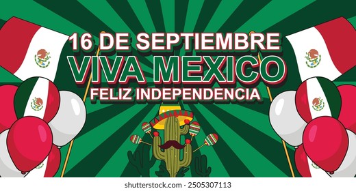 Vector Banner design for the independence day of Mexico  with flag decoration and cactus plants