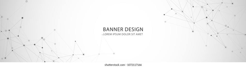 Vector banner design, network connection with lines and dots. Geometric grey background with molecule 