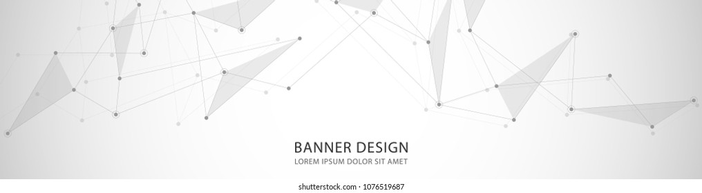 Vector banner design, network connection with lines and dots. Geometric grey background with molecule 