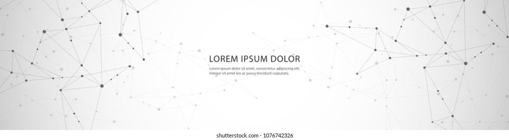 Vector banner design, network connection with lines and dots. Geometric grey background with molecule 