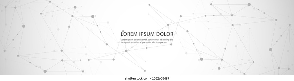 Vector banner design, network connection with lines and dots. Geometric grey background with molecule 