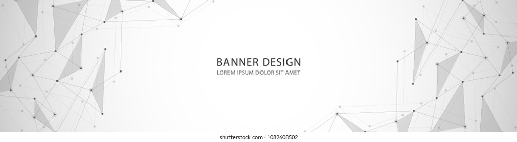 Vector banner design, network connection with lines and dots. Geometric grey background with molecule 