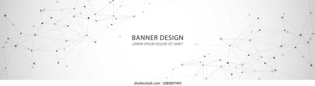 Vector banner design, network connection with lines and dots. Geometric grey background with molecule