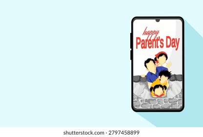 Vector banner design for Parents Day celebration, showcasing a family greeting from behind their home backyard fence inside a mobile phone display, set against a wide minimal background with ample copy space.