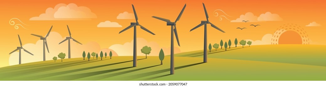 Vector Banner design of renewable energy concept. Wind Turbines power energy protection Clean Environment and Ecology concept Vector Illustration. Wind Energy Generators in Sunset Landscape view.