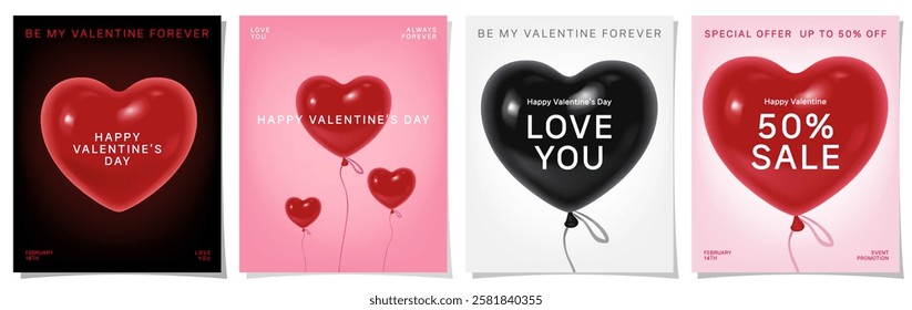 Vector Banner Design Set of Red and Black Heart-Shaped Balloons