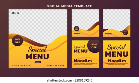 Diseño de pancartas vectoriales, publicación en medios sociales y plantilla de historias para carteles de comida. Plantilla de menú especial. 