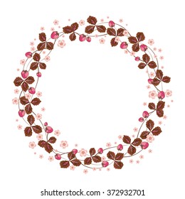 Vector banner design with strawberry and place for text. Floral Frame. Cute pink brown strawberries and leaves arranged un a shape of the wreath perfect for wedding invitations and birthday cards