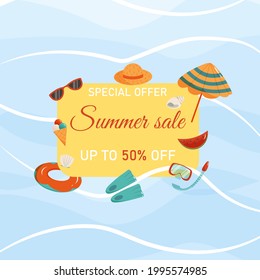 Vector banner design of summer sale with colorful beach elements against the background of sea waves.