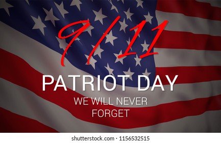 Vector banner design template with american flag and text on dark blue background for Patriot Day. National Day of Prayer and Remembrance for the Victims of the Terrorist Attacks on 09.11.2001. 