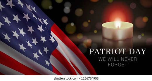 Vector banner design template with american flag, candle and text on dark background for Patriot Day. National Day of Prayer and Remembrance for the Victims of the Terrorist Attacks on 09.11.2001. 