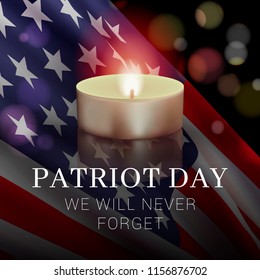 Vector banner design template with american flag, candle and text on dark background for Patriot Day. National Day of Prayer and Remembrance for the Victims of the Terrorist Attacks on 09.11.2001. 