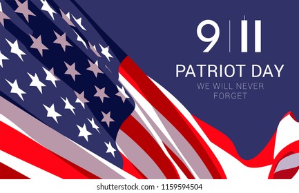 Vector banner design template with american flag and text on dark blue background for Patriot Day. National Day of Prayer and Remembrance for the Victims of the Terrorist Attacks on 09.11.2001. 