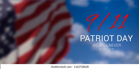 Vector banner design template with american flag and text on dark blue background for Patriot Day. National Day of Prayer and Remembrance for the Victims of the Terrorist Attacks on 09.11.2001. 