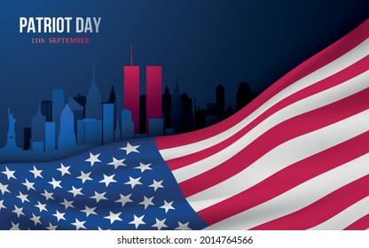 Vector banner design template with american flag and New York skyline for Patriot Day. Remembrance of the World Trade Center terrorist attack.