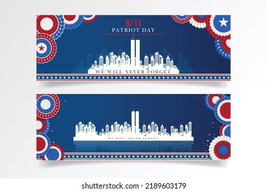 Vector banner design template with american flag and text on dark blue background for Patriot Day. vector poster. Patriot Day, September 11, We will never forget